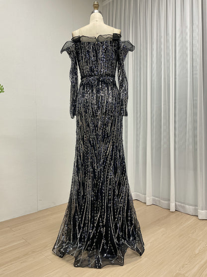 Shimmering Champagne Off-the-Shoulder Evening Gown with Ruffle Trim Beaded MY30220