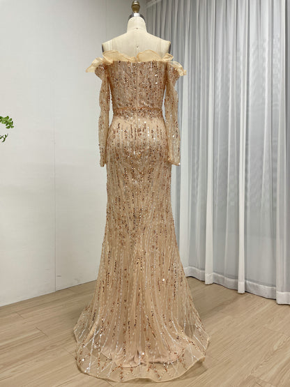 Shimmering Champagne Off-the-Shoulder Evening Gown with Ruffle Trim Beaded MY30220