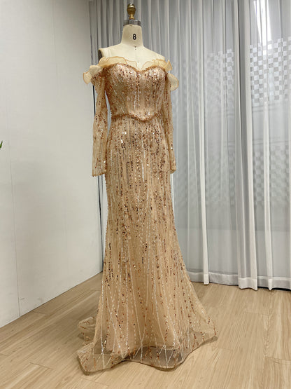 Shimmering Champagne Off-the-Shoulder Evening Gown with Ruffle Trim Beaded MY30220