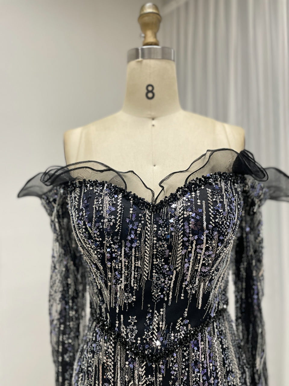 Shimmering Champagne Off-the-Shoulder Evening Gown with Ruffle Trim Beaded MY30220