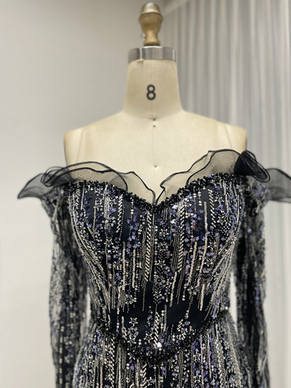 Shimmering Champagne Off-the-Shoulder Evening Gown with Ruffle Trim Beaded MY30220