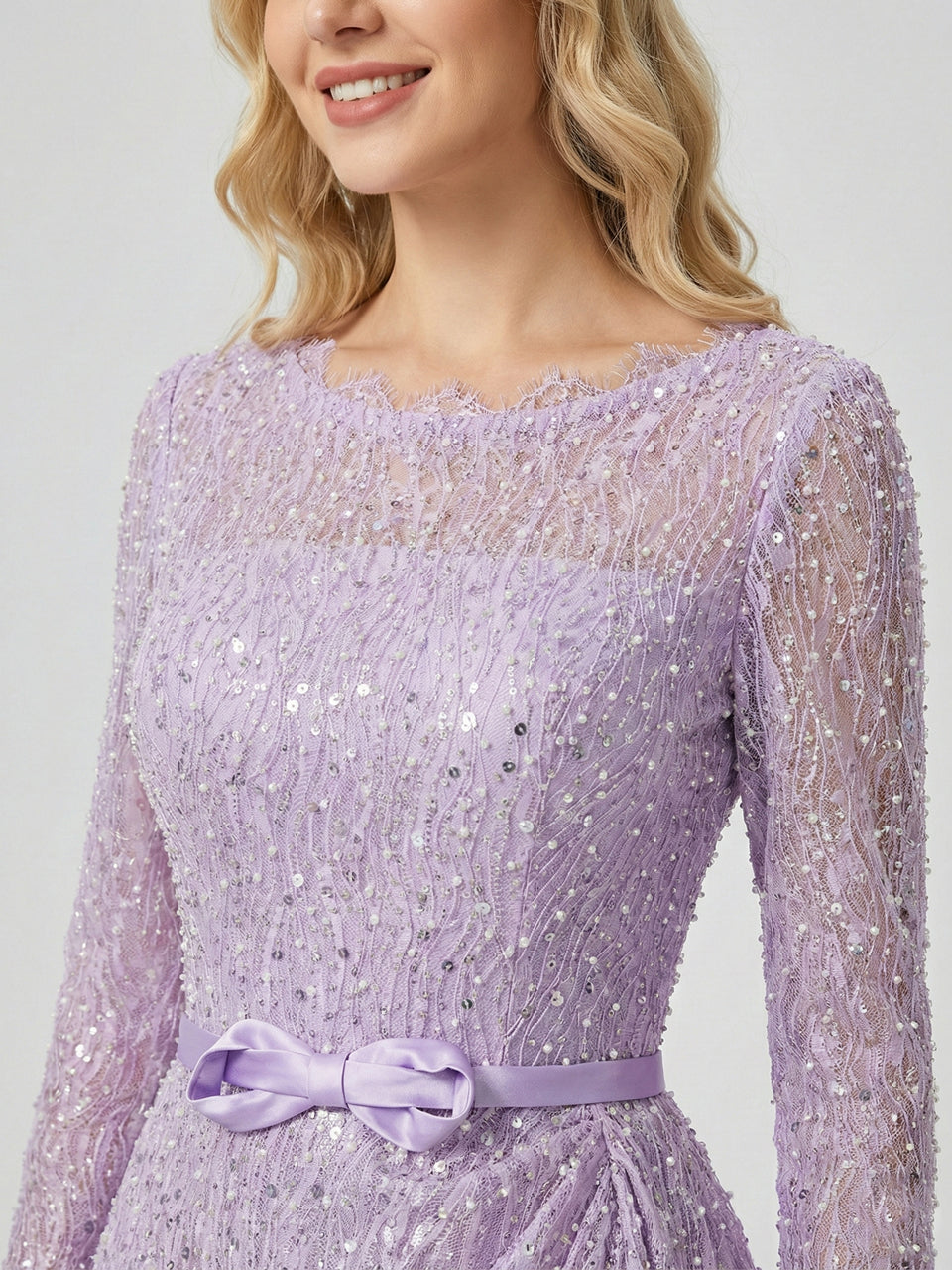Lilac Sparkle Modest Beading lace Evening Gown with Draped Skirt & Bow Belt  MY30221