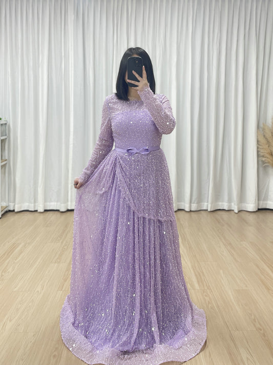 Lilac Sparkle Modest Beading lace Evening Gown with Draped Skirt & Bow Belt  MY30221