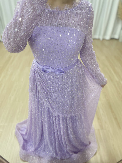 Lilac Sparkle Modest Beading lace Evening Gown with Draped Skirt & Bow Belt  MY30221