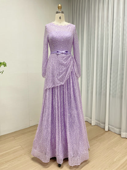 Lilac Sparkle Modest Beading lace Evening Gown with Draped Skirt & Bow Belt  MY30221