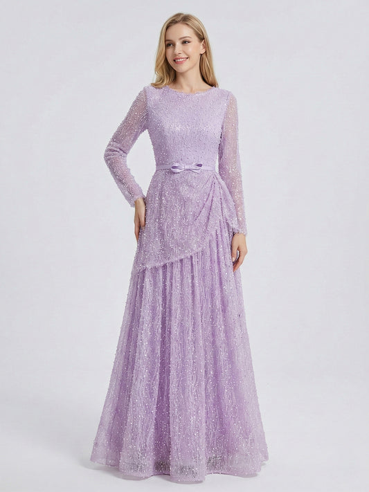 Lilac Sparkle Modest Beading lace Evening Gown with Draped Skirt & Bow Belt  MY30221