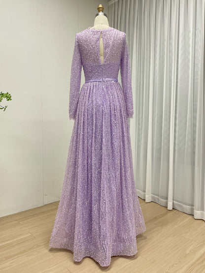Lilac Sparkle Modest Beading lace Evening Gown with Draped Skirt & Bow Belt  MY30221
