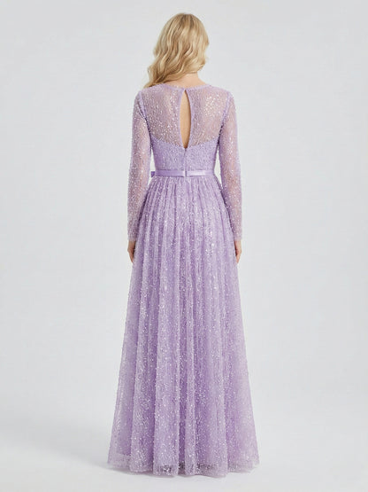Lilac Sparkle Modest Beading lace Evening Gown with Draped Skirt & Bow Belt  MY30221