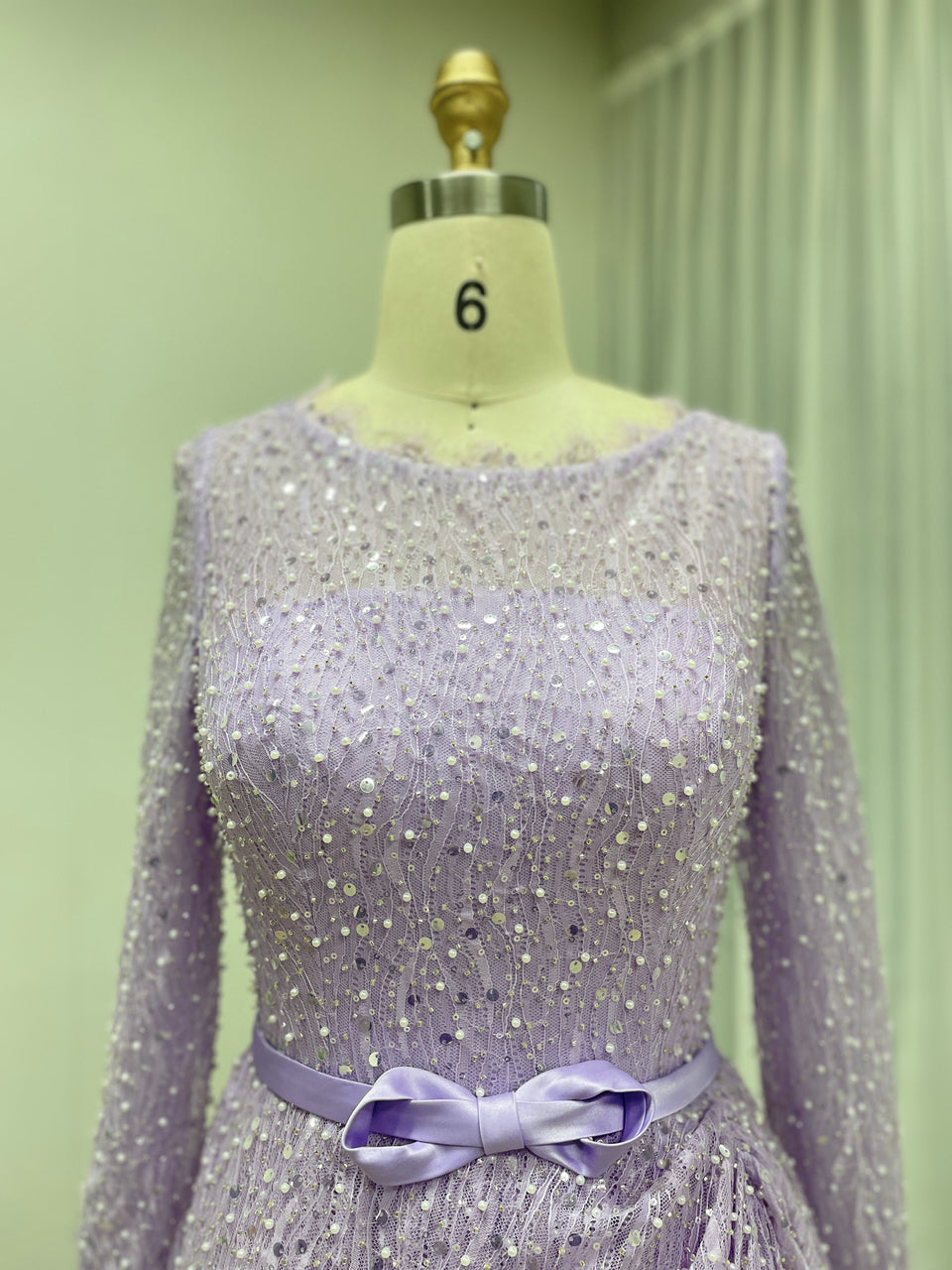 Lilac Sparkle Modest Beading lace Evening Gown with Draped Skirt & Bow Belt  MY30221