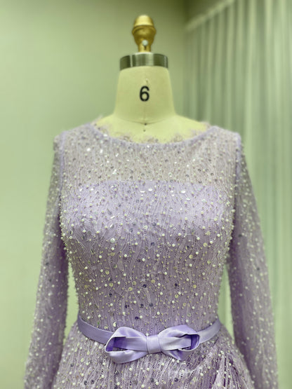 Lilac Sparkle Modest Beading lace Evening Gown with Draped Skirt & Bow Belt  MY30221