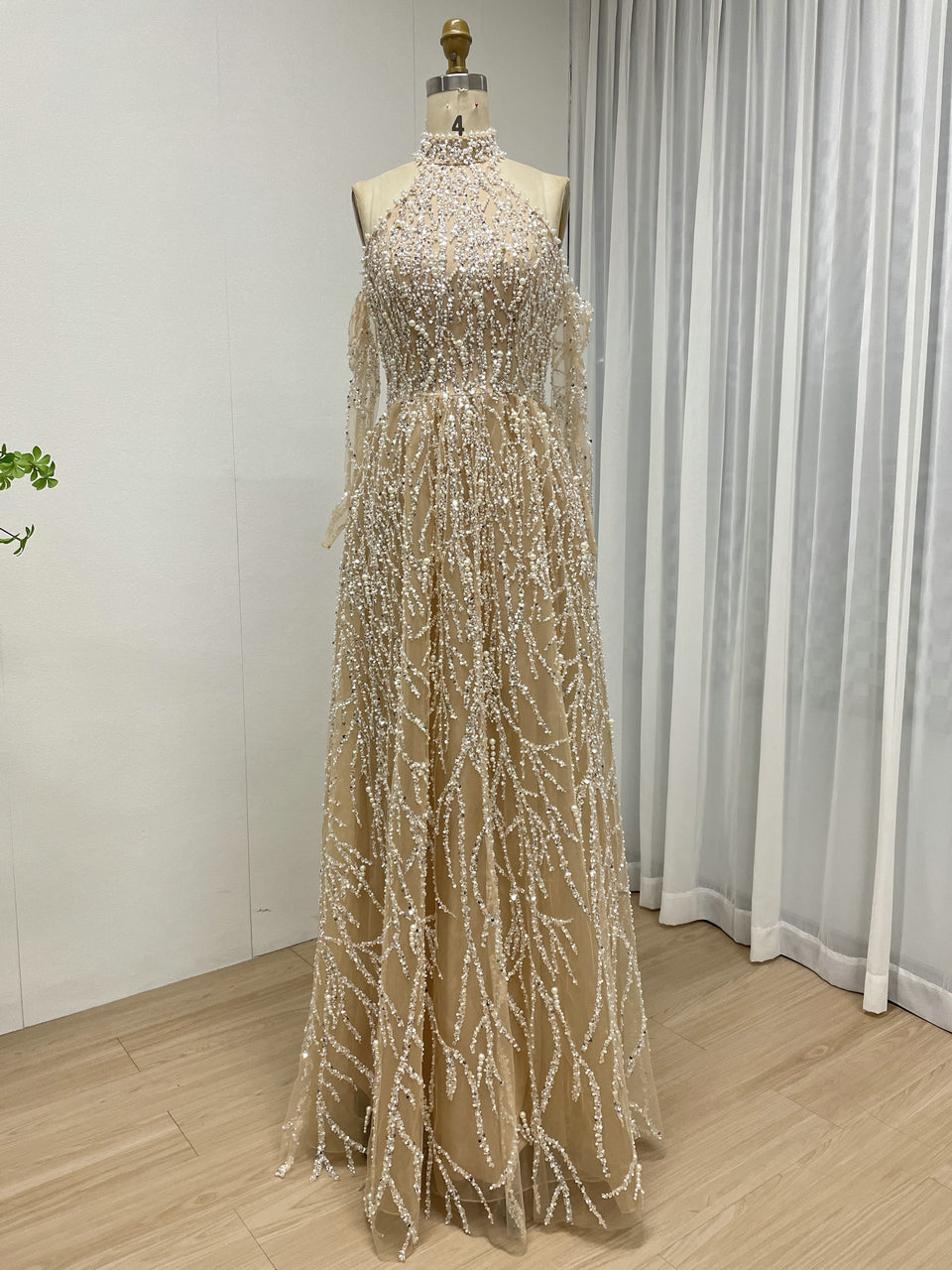 Champagne Pearl Beaded Halter Neck A-Line Evening Gown - High Neck Bridal Reception Dress MY30223
