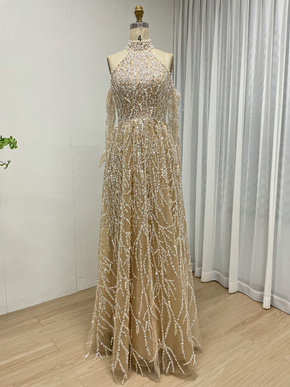 Champagne Pearl Beaded Halter Neck A-Line Evening Gown - High Neck Bridal Reception Dress MY30223