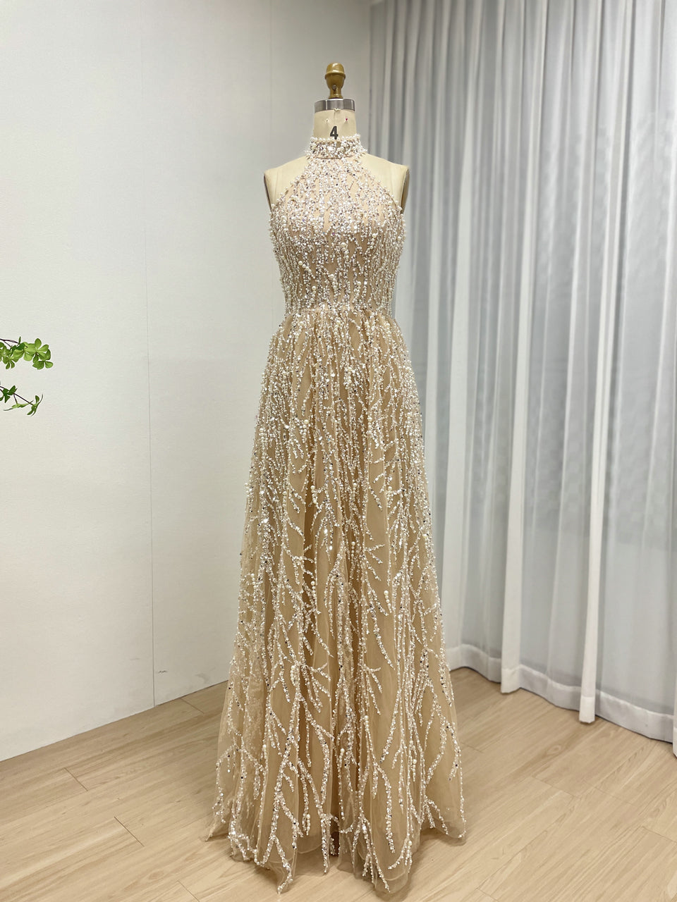 Champagne Pearl Beaded Halter Neck A-Line Evening Gown - High Neck Bridal Reception Dress MY30223