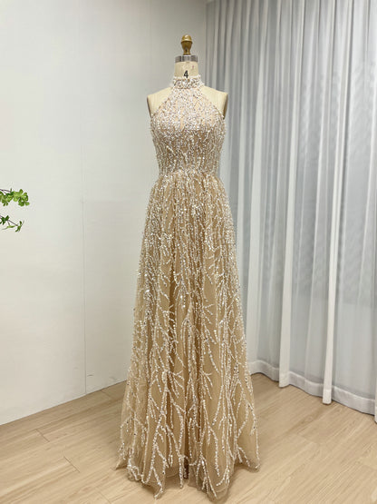 Champagne Pearl Beaded Halter Neck A-Line Evening Gown - High Neck Bridal Reception Dress MY30223
