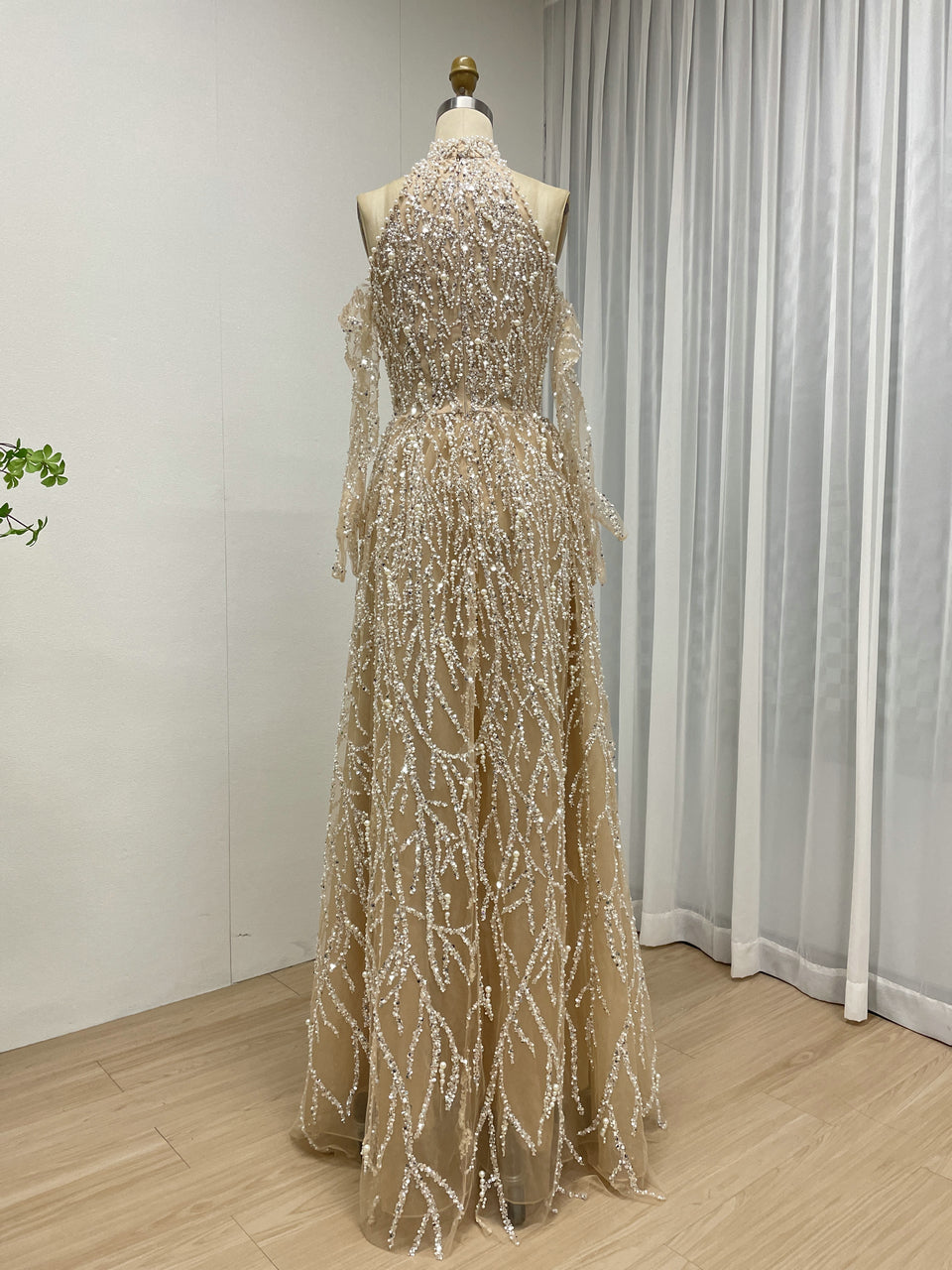Champagne Pearl Beaded Halter Neck A-Line Evening Gown - High Neck Bridal Reception Dress MY30223