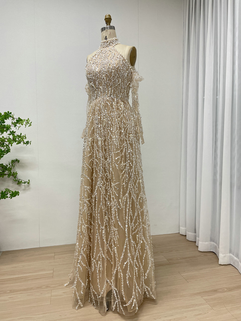 Champagne Pearl Beaded Halter Neck A-Line Evening Gown - High Neck Bridal Reception Dress MY30223