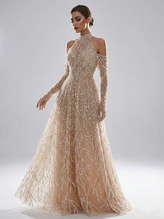 Champagne Pearl Beaded Halter Neck A-Line Evening Gown - High Neck Bridal Reception Dress MY30223