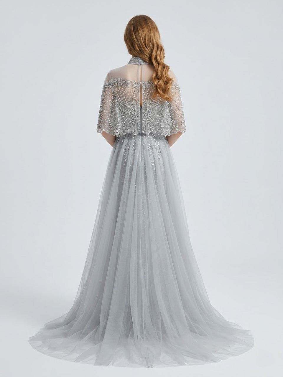 Grey Beaded Art Deco Mermaid Evening Gown with Illusion Capelet MY30224
