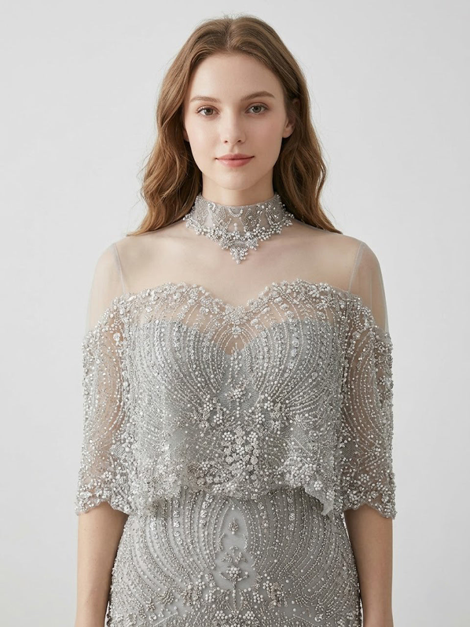Grey Beaded Art Deco Mermaid Evening Gown with Illusion Capelet MY30224