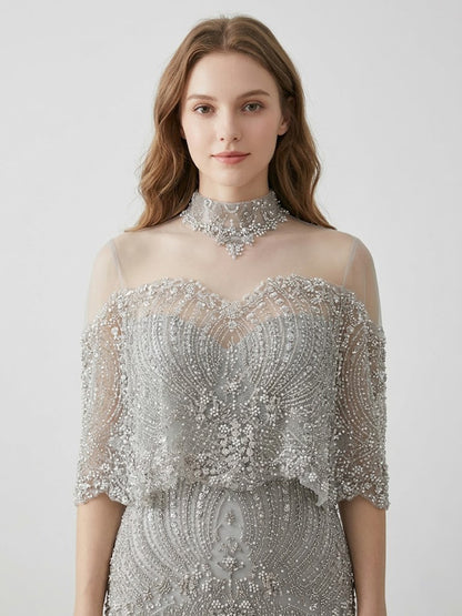 Grey Beaded Art Deco Mermaid Evening Gown with Illusion Capelet MY30224