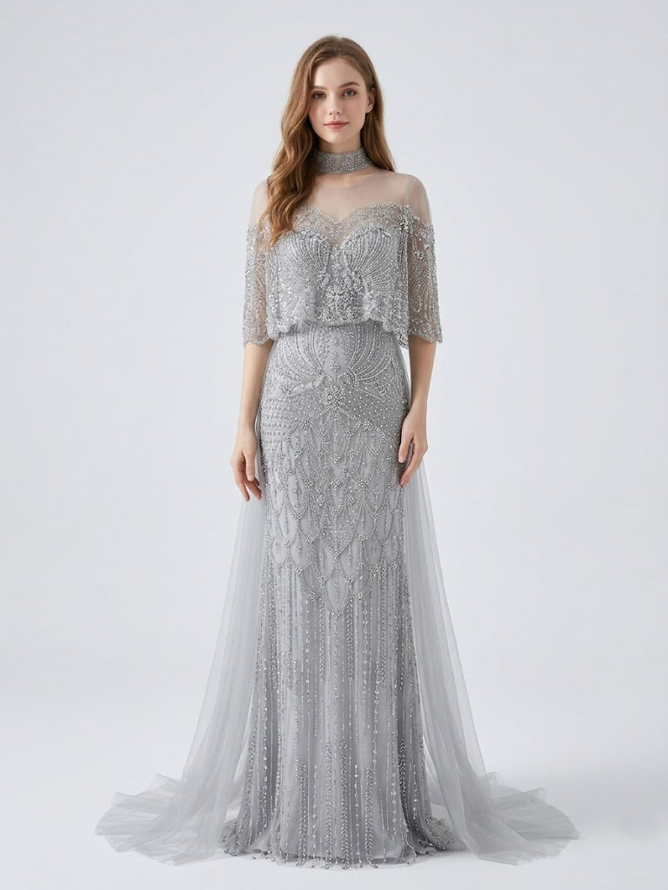 Grey Beaded Art Deco Mermaid Evening Gown with Illusion Capelet MY30224