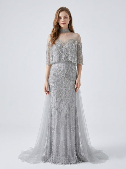 Grey Beaded Art Deco Mermaid Evening Gown with Illusion Capelet MY30224