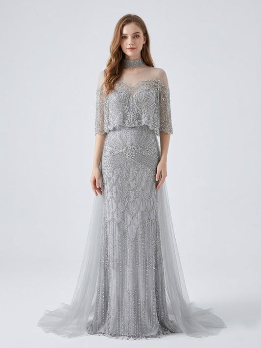 Grey Beaded Art Deco Mermaid Evening Gown with Illusion Capelet MY30224