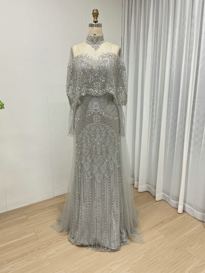 Grey Beaded Art Deco Mermaid Evening Gown with Illusion Capelet MY30224