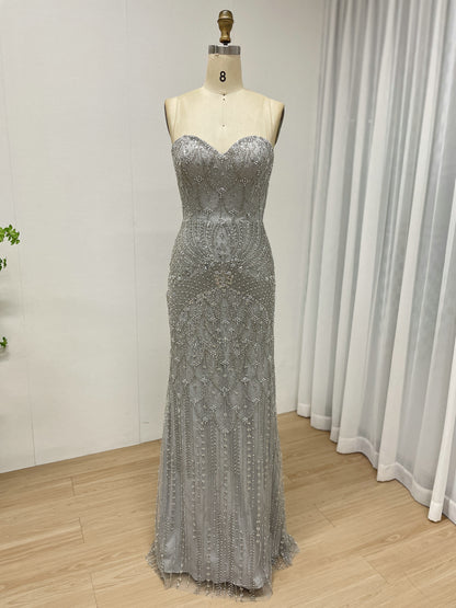 Grey Beaded Art Deco Mermaid Evening Gown with Illusion Capelet MY30224