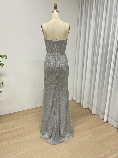 Grey Beaded Art Deco Mermaid Evening Gown with Illusion Capelet MY30224