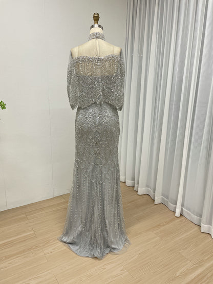 Grey Beaded Art Deco Mermaid Evening Gown with Illusion Capelet MY30224