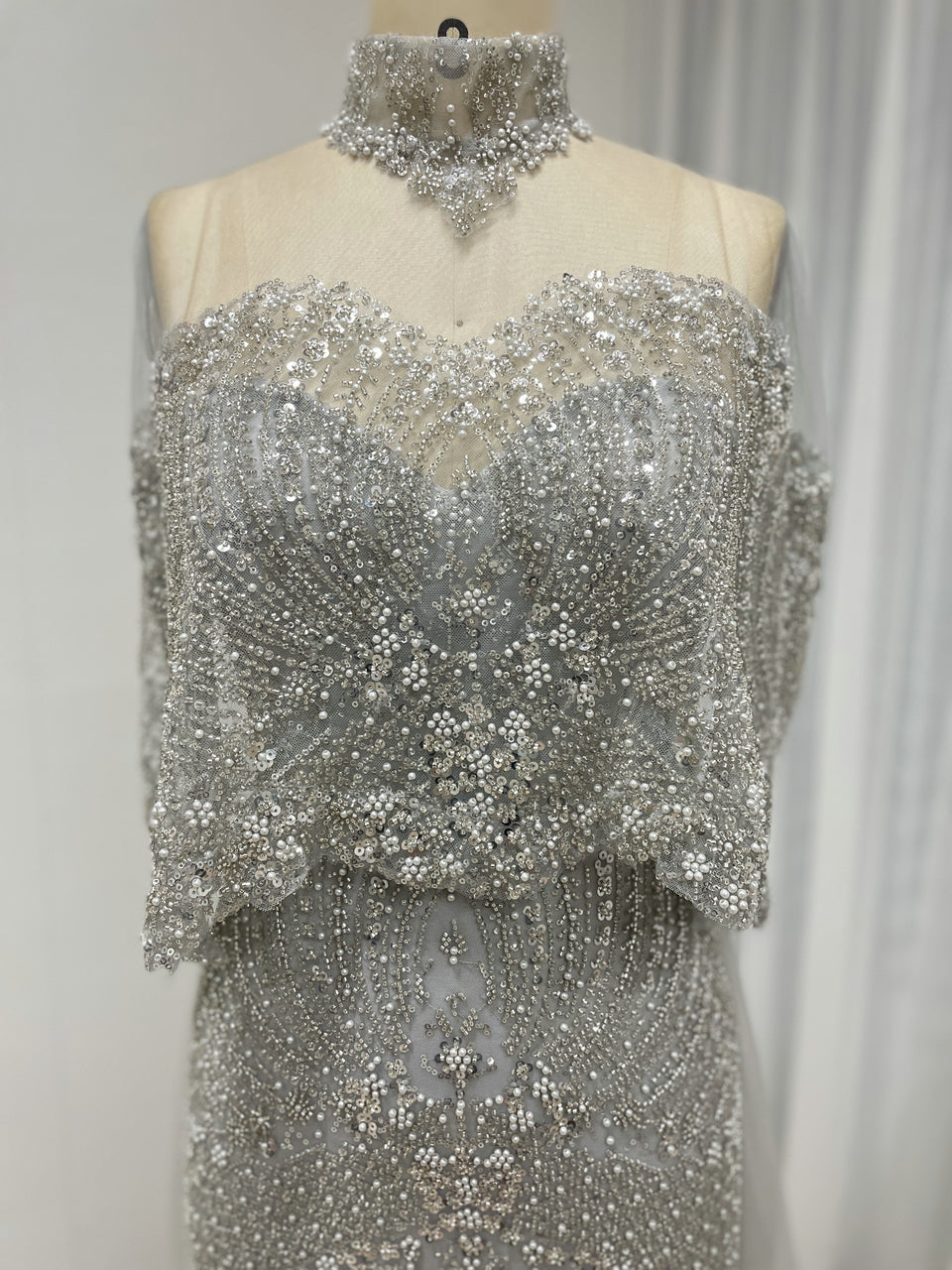 Grey Beaded Art Deco Mermaid Evening Gown with Illusion Capelet MY30224
