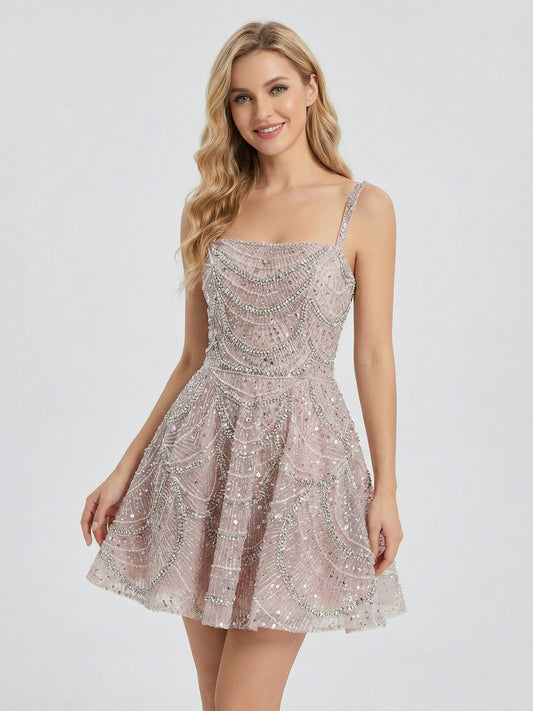 Light Pink Beaded Mini Dress - Fit and Flare Sequin Cocktail Dress MY30226