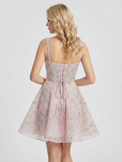 Light Pink Beaded Mini Dress - Fit and Flare Sequin Cocktail Dress MY30226
