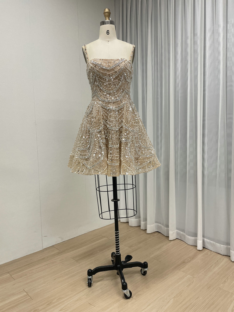 Light Pink Beaded Mini Dress - Fit and Flare Sequin Cocktail Dress MY30226