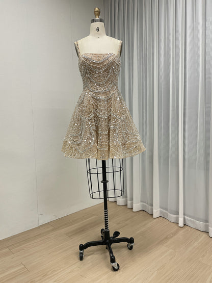 Light Pink Beaded Mini Dress - Fit and Flare Sequin Cocktail Dress MY30226