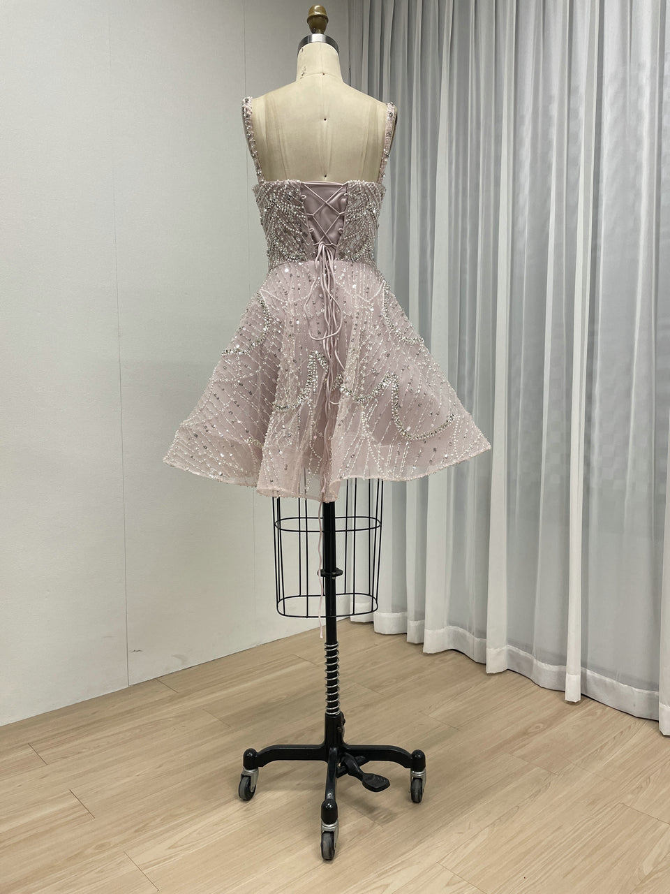 Light Pink Beaded Mini Dress - Fit and Flare Sequin Cocktail Dress MY30226