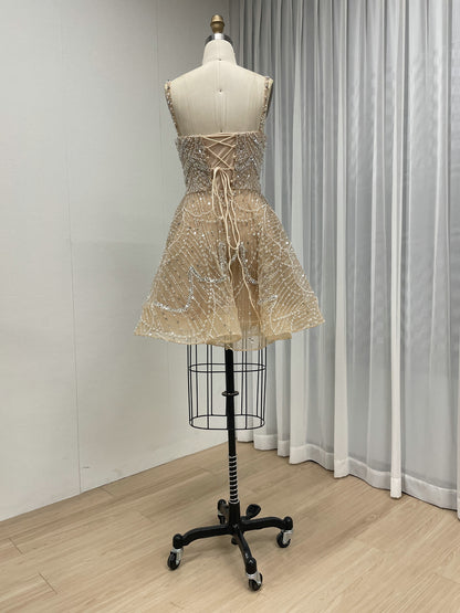 Light Pink Beaded Mini Dress - Fit and Flare Sequin Cocktail Dress MY30226