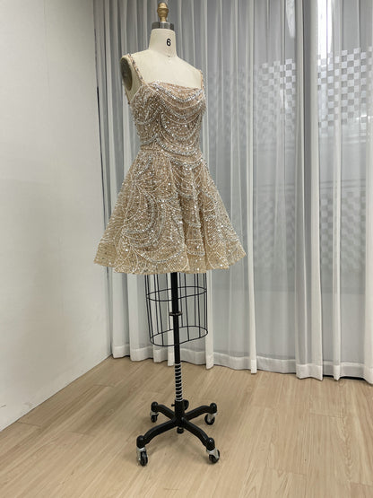 Light Pink Beaded Mini Dress - Fit and Flare Sequin Cocktail Dress MY30226