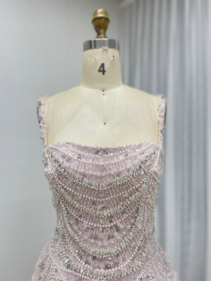 Light Pink Beaded Mini Dress - Fit and Flare Sequin Cocktail Dress MY30226