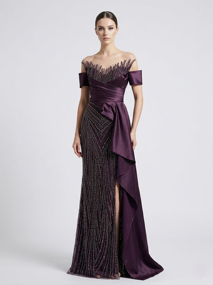 Purple Off-the-Shoulder Beaded Evening Gown with Side Drape - Style MY30227