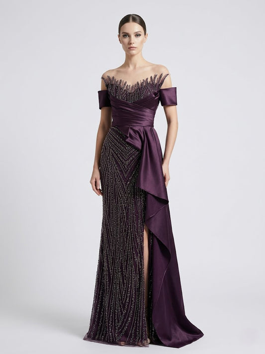 Purple Off-the-Shoulder Beaded Evening Gown with Side Drape - Style MY30227