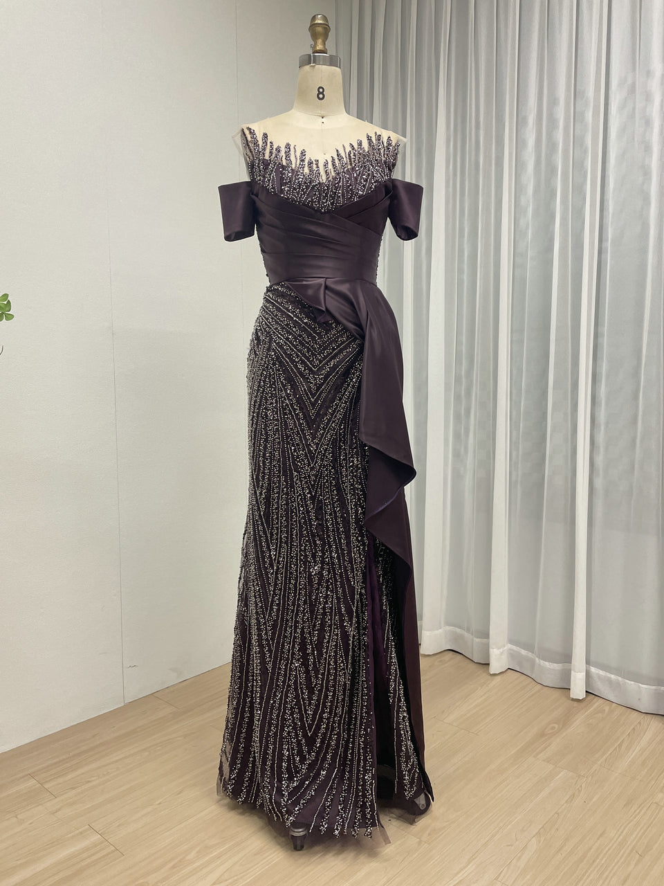 Purple Off-the-Shoulder Beaded Evening Gown with Side Drape - Style MY30227