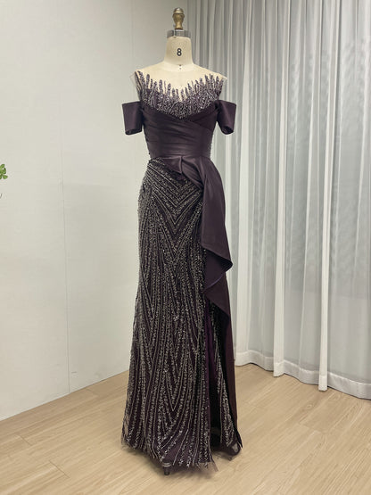 Purple Off-the-Shoulder Beaded Evening Gown with Side Drape - Style MY30227