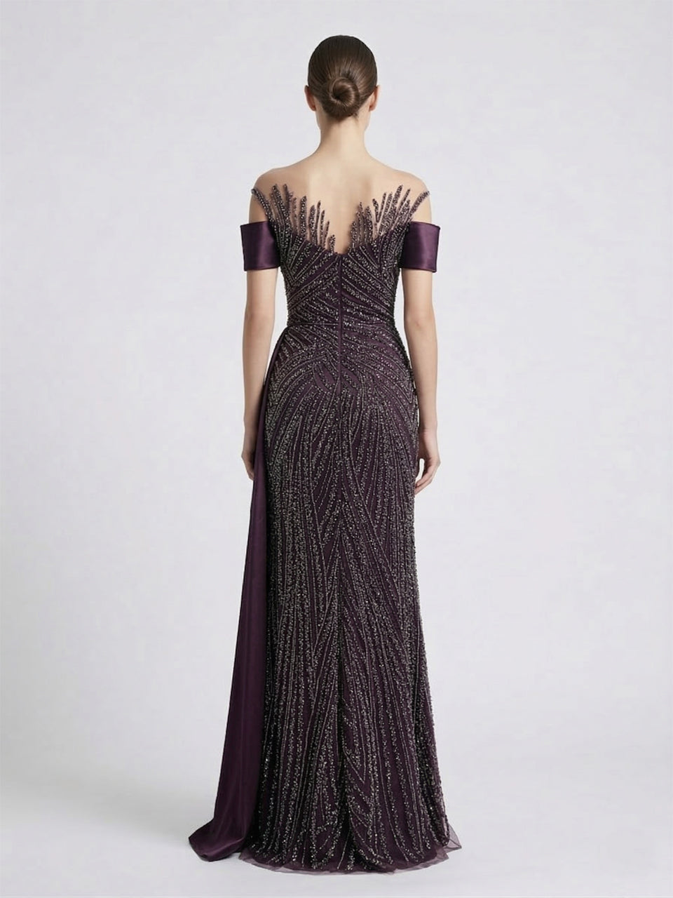 Purple Off-the-Shoulder Beaded Evening Gown with Side Drape - Style MY30227