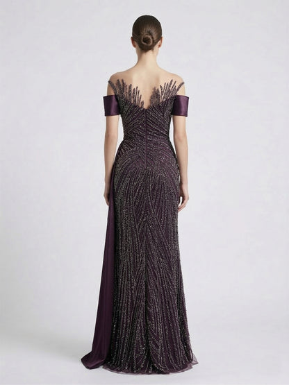 Purple Off-the-Shoulder Beaded Evening Gown with Side Drape - Style MY30227