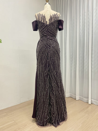 Purple Off-the-Shoulder Beaded Evening Gown with Side Drape - Style MY30227