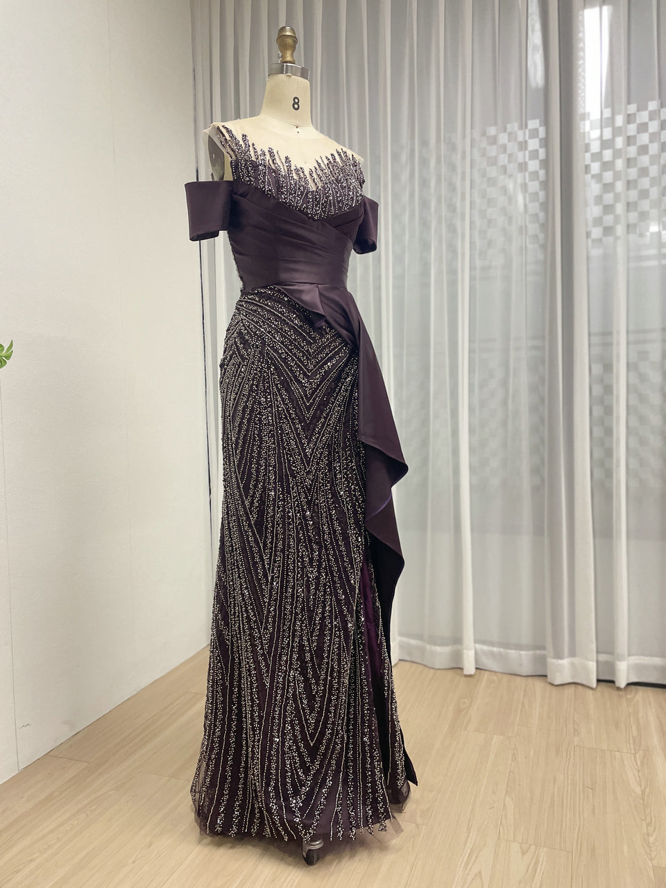 Purple Off-the-Shoulder Beaded Evening Gown with Side Drape - Style MY30227