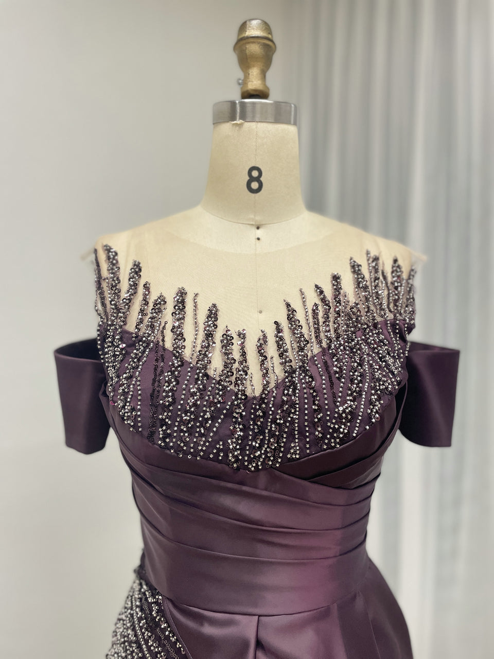 Purple Off-the-Shoulder Beaded Evening Gown with Side Drape - Style MY30227