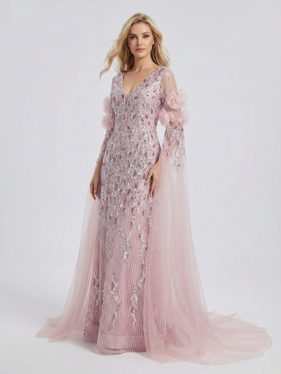Luxury 3D Floral Beaed Evening Gown – Pink V-Neck Cape Sleeve Formal Dress MY30228